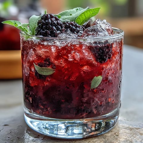 Vibrant blackberry sage mocktail with crushed ice, juicy berries, and fresh herbs for a refreshing summer drink.