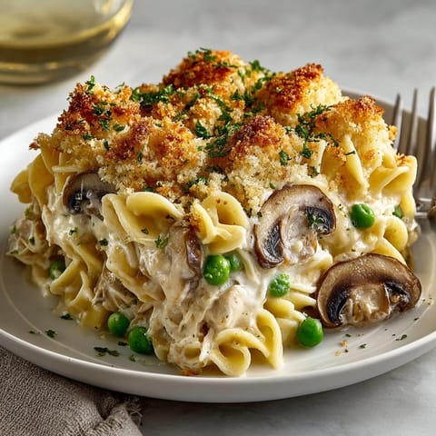 Homestyle classic tuna noodle casserole served piping hot, with tender egg noodles and savory melted cheese