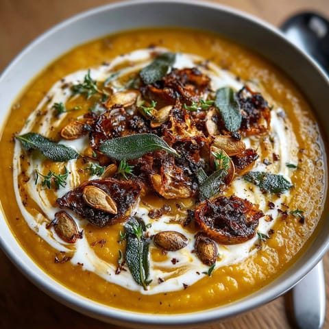 Golden roasted butternut squash and apple soup, creamy texture, swirling with coconut cream and autumn spices.