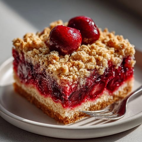 A close-up view of warm Cherry-Coded Sour Cherry Oat Crumble Bars, ready to be served and savored.