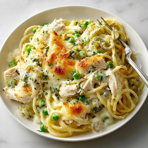A close-up of creamy One-Pot Pickle-Fix Chicken Tetrazzini is shown, with visible chicken and pasta in a rich sauce.