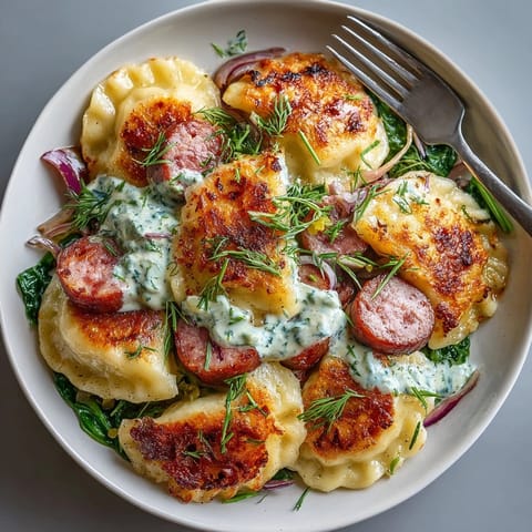 This Pickle-Fix Dill Pickle Potato Pierogi Skillet showcases a hearty helping of savory pierogi with pickles in a delicious cream sauce.