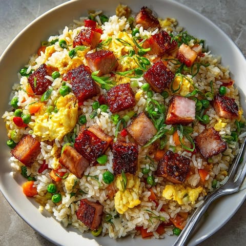 A close-up of savory Rebel Float Root Beer Honey Ham Fried Rice, highlighting the tender ham pieces and rice.