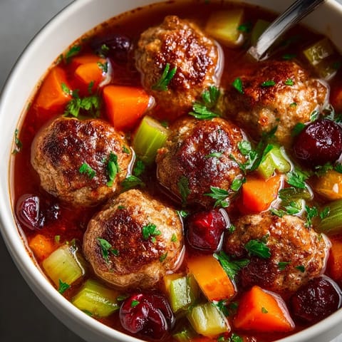 Bright red sour cherries and tender turkey meatballs simmer in the delicious Cherry-Coded Soup.