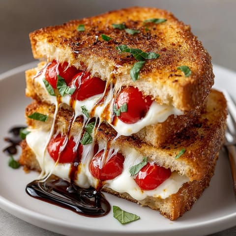 Perfectly grilled Cherry Tomato Caprese Grilled Cheese, with fresh basil and a balsamic glaze drizzle, melting attractively.