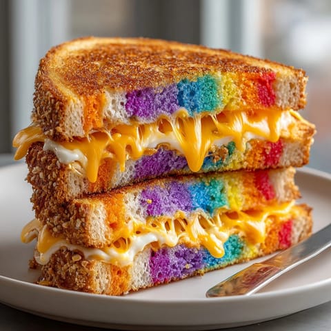 Grilled Chaos-Style Funky Colored Grilled Cheese, a visual feast: showing melted cheese oozing out of toasted rainbow bread.