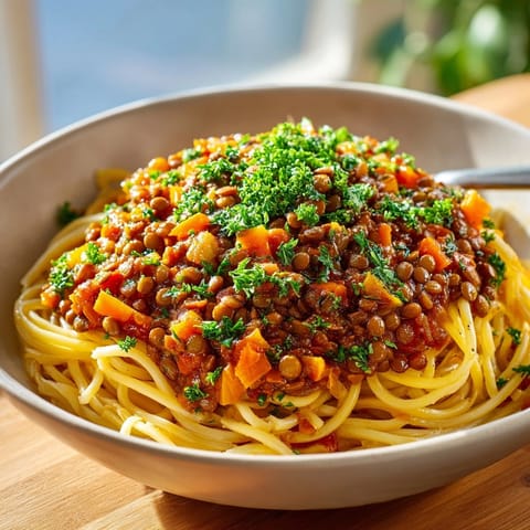 A close-up of the delicious, chunky Lentil Bolognese with walnuts, perfect for pasta nights at home.
