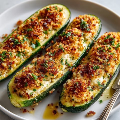 Cheesy Stuffed Zucchini Boats on a platter, crispy topping and fresh parsley garnish.