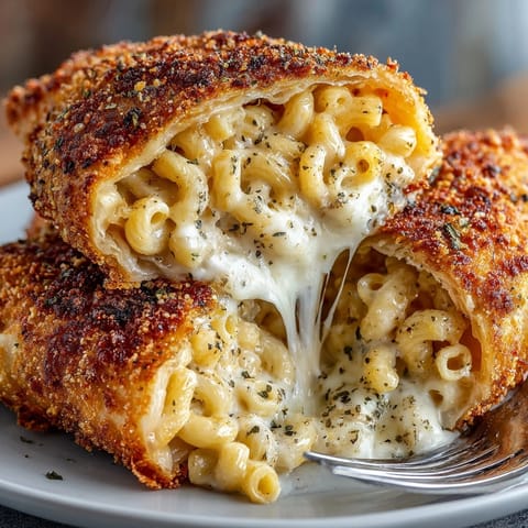 Close-up of freshly fried Mac and Cheese Egg Rolls, steam rising and ready for dipping.