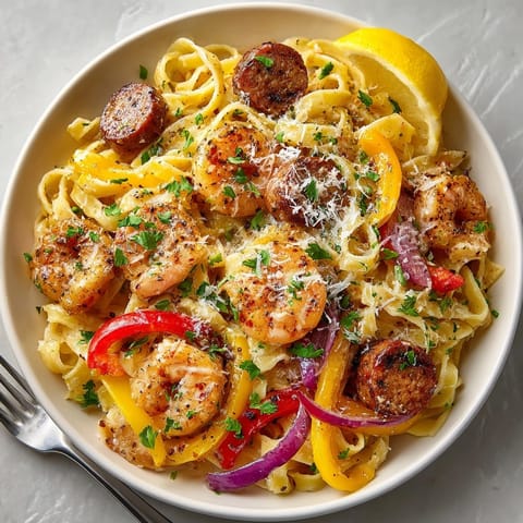 A steaming plate of Cajun Shrimp and Sausage Pasta, glistening with bold spices and melty Parmesan.