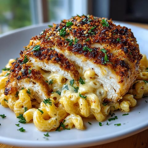 Golden-baked Mac and Cheese Stuffed Chicken Breast garnished with parsley for a cozy dinner.