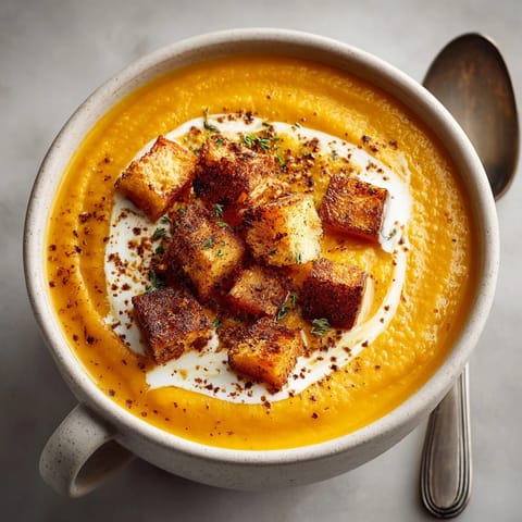 Steaming hot butternut squash soup with roasted squash cubes and crusty bread on the side.