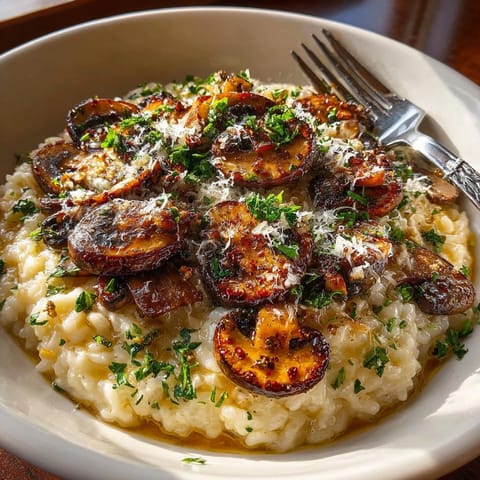 Hearty creamy mushroom risotto with golden sautéed mushrooms and fresh Parmesan shavings on top.