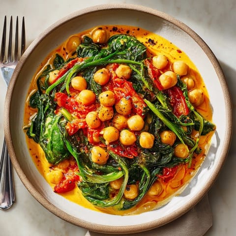 Vibrant chickpea and spinach curry in a bowl, showcasing tender greens and rich, aromatic sauce.