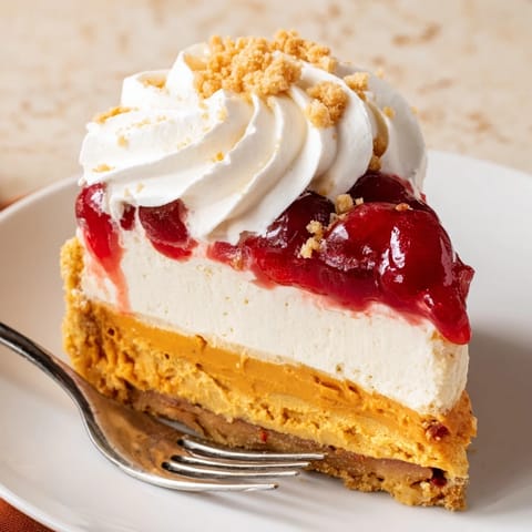 Slice of Cherry Cheesecake Pumpkin Muffin Pie revealing creamy layers of cheesecake and pumpkin goodness.  
