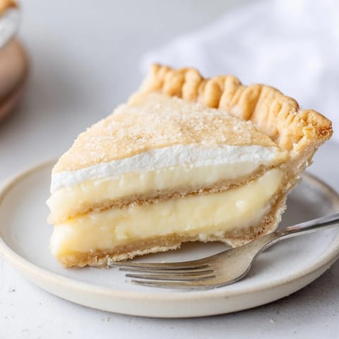 Sliced water pie served on a plate, showcasing its smooth custard center.  