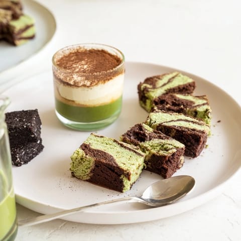 Rich matcha-miso brownies topped with a glossy chocolate ganache, perfect for sharing.  