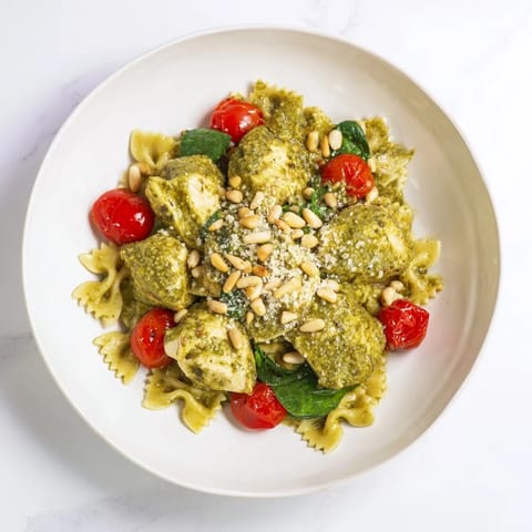 Bowtie pasta with pesto chicken featuring golden chicken pieces and vibrant cherry tomatoes.