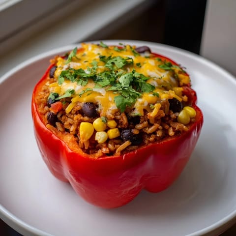 A baking dish holds tender stuffed bell peppers, a delicious and easy weeknight dinner idea.