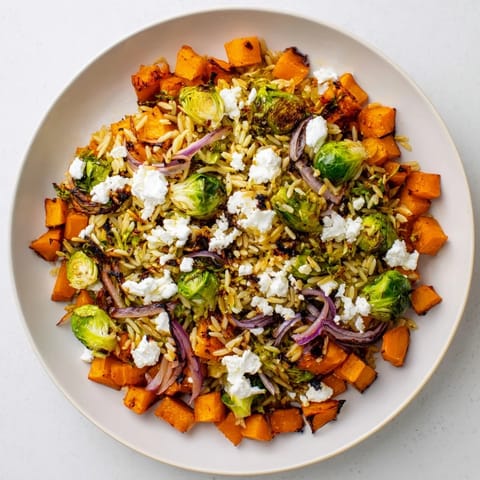 A close-up of the Best Fall Harvest Orzo Salad, showcasing colorful roasted vegetables and orzo.