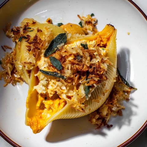 Creamy pumpkin and Gouda blend filling jumbo shells, baked in a rich Alfredo sauce; delicious!