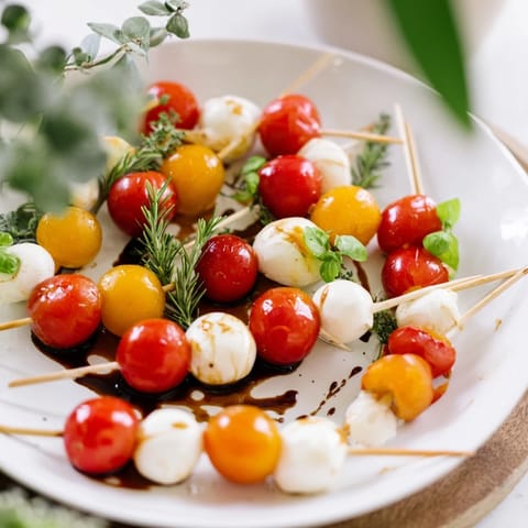Delicate basil leaves and mozzarella adorn festive Easy Christmas Tree Caprese Skewers with rosemary sprigs alongside.