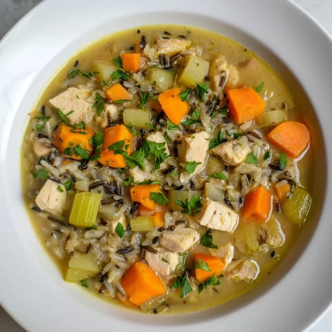 Close-up photo of creamy Quick Chicken and Wild Rice Soup highlighting tender chicken and hearty wild rice.