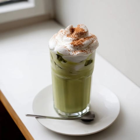 A refreshing close-up of a vibrant Iced Cinnamon Roll Matcha, perfect for a healthy afternoon treat.
