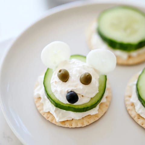 Delicious Polar Bear Iceberg Cracker Stacks featuring fresh cucumber and fun caper eyes, ready for your party.