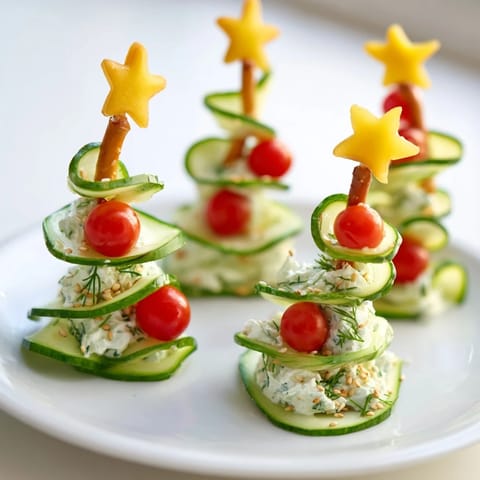 Crisp ribbons of Spiral Cucumber Ribbon Christmas Trees, perfect holiday appetizer, fresh herbs and tomatoes.