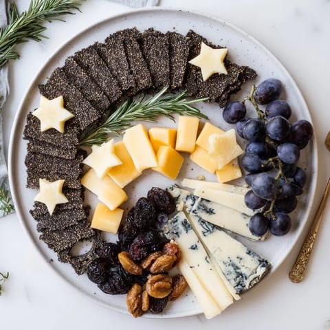 Get ready for a visual feast: a Crescent Moon & Stars Cheese Board boasts cheeses, grapes, and crackers, beautifully arranged.