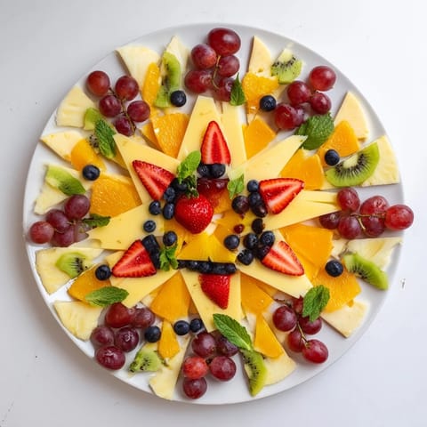 Beautifully arranged Kaleidoscope Circle appetizer, featuring ripe strawberries and creamy goat cheese.