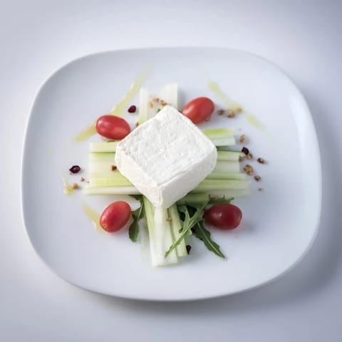 Fresh arugula and colorful vegetables arranged toward the Zenith Point, ready to pair with cheese.