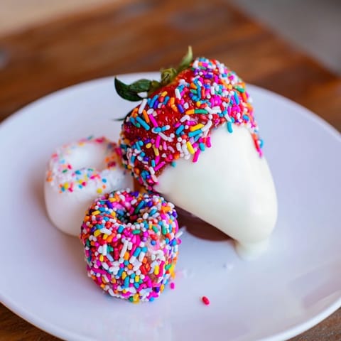 Bright, sweet rainbow sprinkles coat strawberries, donuts, and more on this amazing party board.