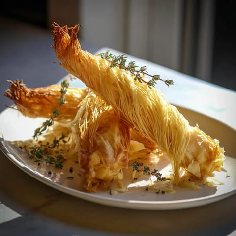 A close-up captures The Rustic Barnyard appetizer: golden phyllo “hay” cradling diverse, artisanal cheeses.