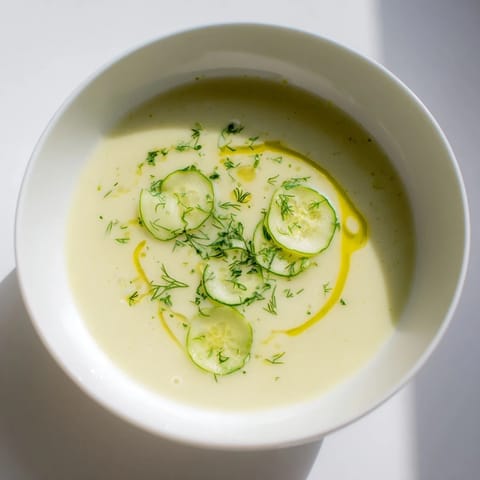 Creamy chilled cucumber garlic soup garnished with fresh dill and cucumber slices, ready to enjoy.
