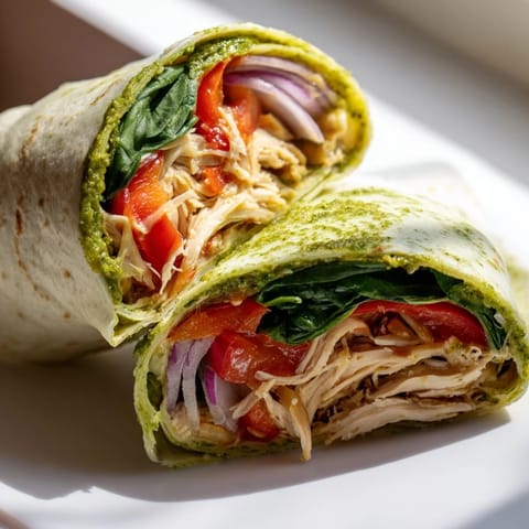 Freshly assembled pesto chicken wrap, showcasing layers of chicken, pesto, and colorful vegetables.