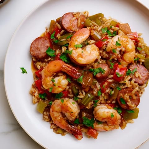 Vibrant image of homemade jambalaya skillet showcasing tender shrimp and smoky sausage over perfectly cooked rice.