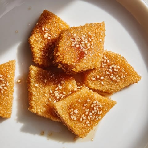 Warm Tunisian Makroudh: fried diamond pastries, enticingly glistening post-syrup, await a delicious bite.