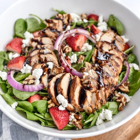 A close-up of Strawberry Balsamic Chicken Salad shows juicy berries and creamy feta on crisp greens, ready for a summer meal.  