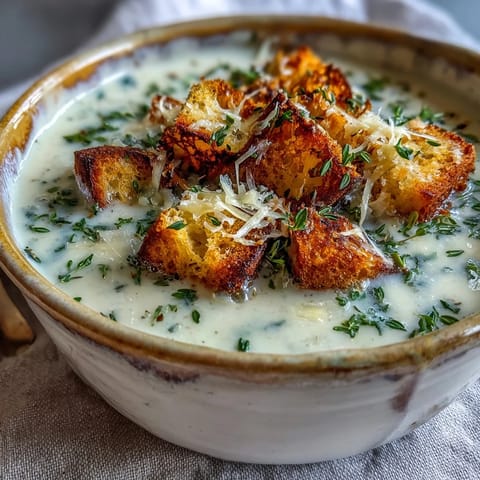 Creamy Garlic and Herb Soup, a velvety smooth bowl with fragrant herbs.