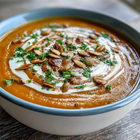 Velvety pumpkin soup topped with cream, ready for cozy autumn enjoyment.
