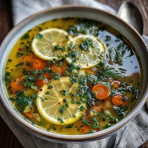A comforting bowl of Lemon Herb Soup, steaming with delicious citrus dill flavors.