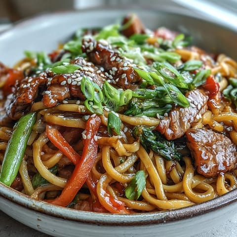 Tender pork strips and crisp bell peppers in a savory sauce over steaming egg noodles, served ready to eat.