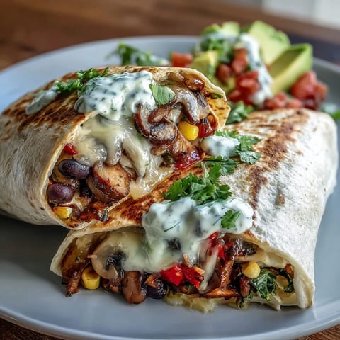 Warm Veggie Burritos with sautéed mushrooms, black beans, and melted cheese on a plate. 