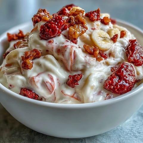 A close-up shows creamy Greek yogurt swirled with strawberry and honey, frozen into bite sized clusters.
