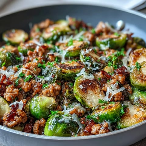 Sizzling Brussels sprouts and ground turkey with melted Parmesan and fresh parsley garnish on a plate.