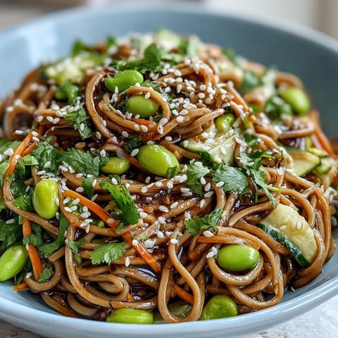 The finished Soba Noodle Bowl presents chewy buckwheat noodles, fresh vegetables, and herbs, ready to be enjoyed as a refreshing light meal.  