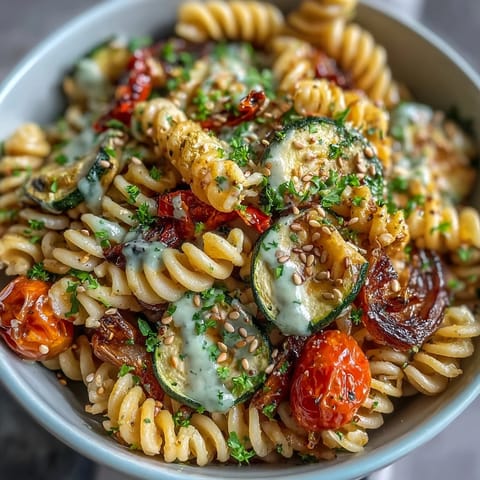 A hearty serving of Chickpea Pasta Bowl, topped with fresh parsley and toasted sesame seeds on a rustic plate.