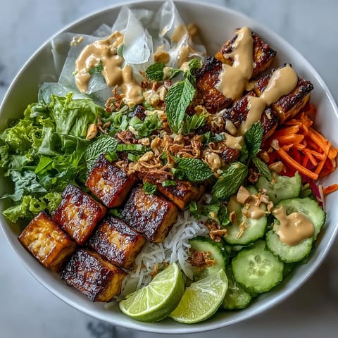 Shredded carrots, cucumber, and fresh herbs top this vibrant Rice Paper Roll Bowl served with lime.